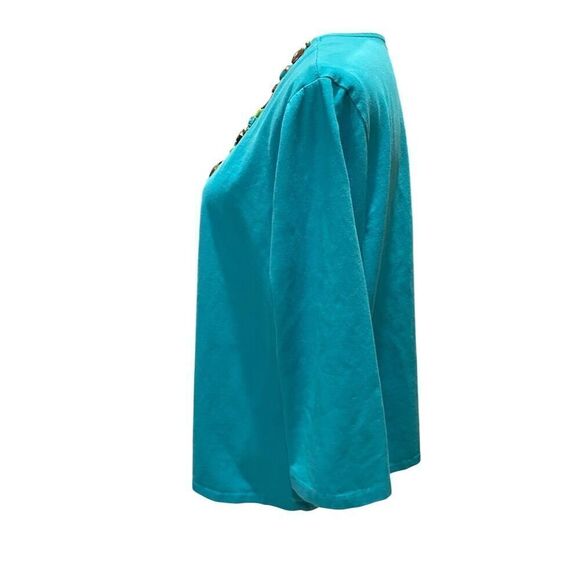 Ruby Rd Women's 2X Teal Beaded V-Neck 3/4 Sleeve Blouse - Picture 4 of 8